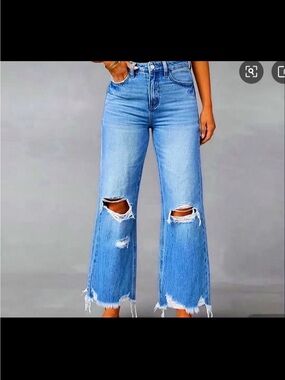 High-Rise Light Blue Distressed Wide-Leg Jeans
